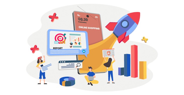 Equipo analizando informes y datos de marketing digital con gráficos y cohete de lanzamiento