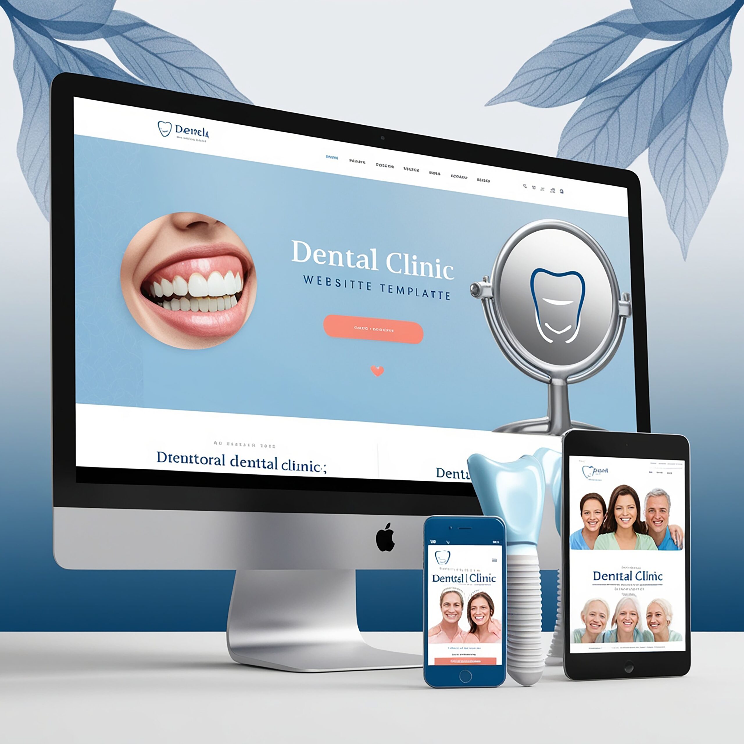 Ordenador mostrando una web de clínica dental con lupa sobre la palabra SEO, reflejando posicionamiento y diseño profesional