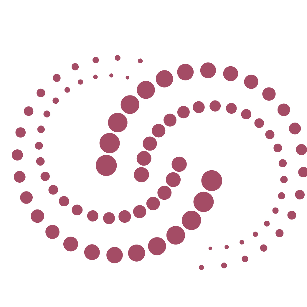 Logo abstracto en espiral con puntos en color burdeos
