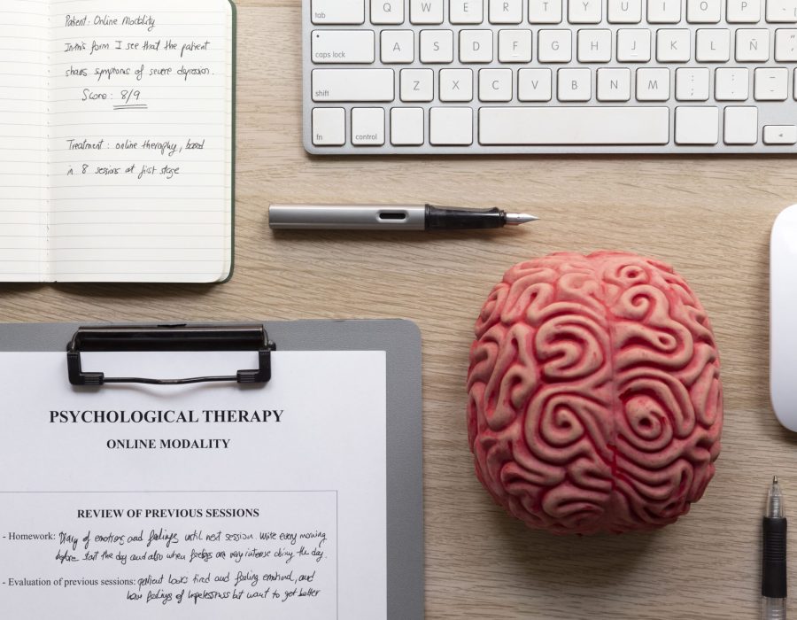 Puesto de trabajo con libreta, bolígrafo y cerebro simbólico, reflejando planificación en negocios de estética y bienestar